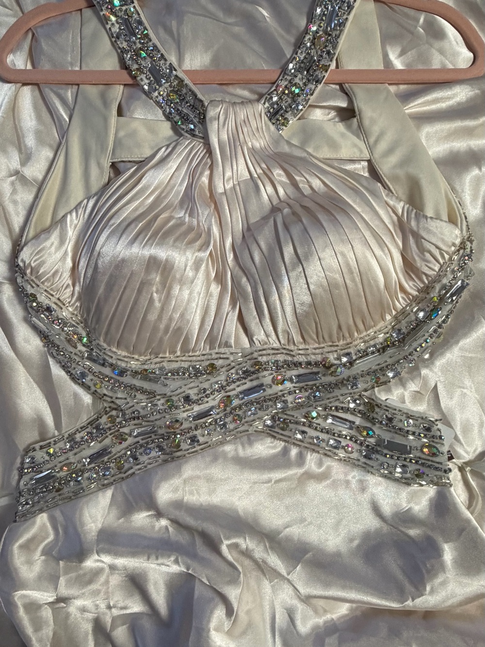 David's Bridal Ivory Beaded Pleated Prom Dress